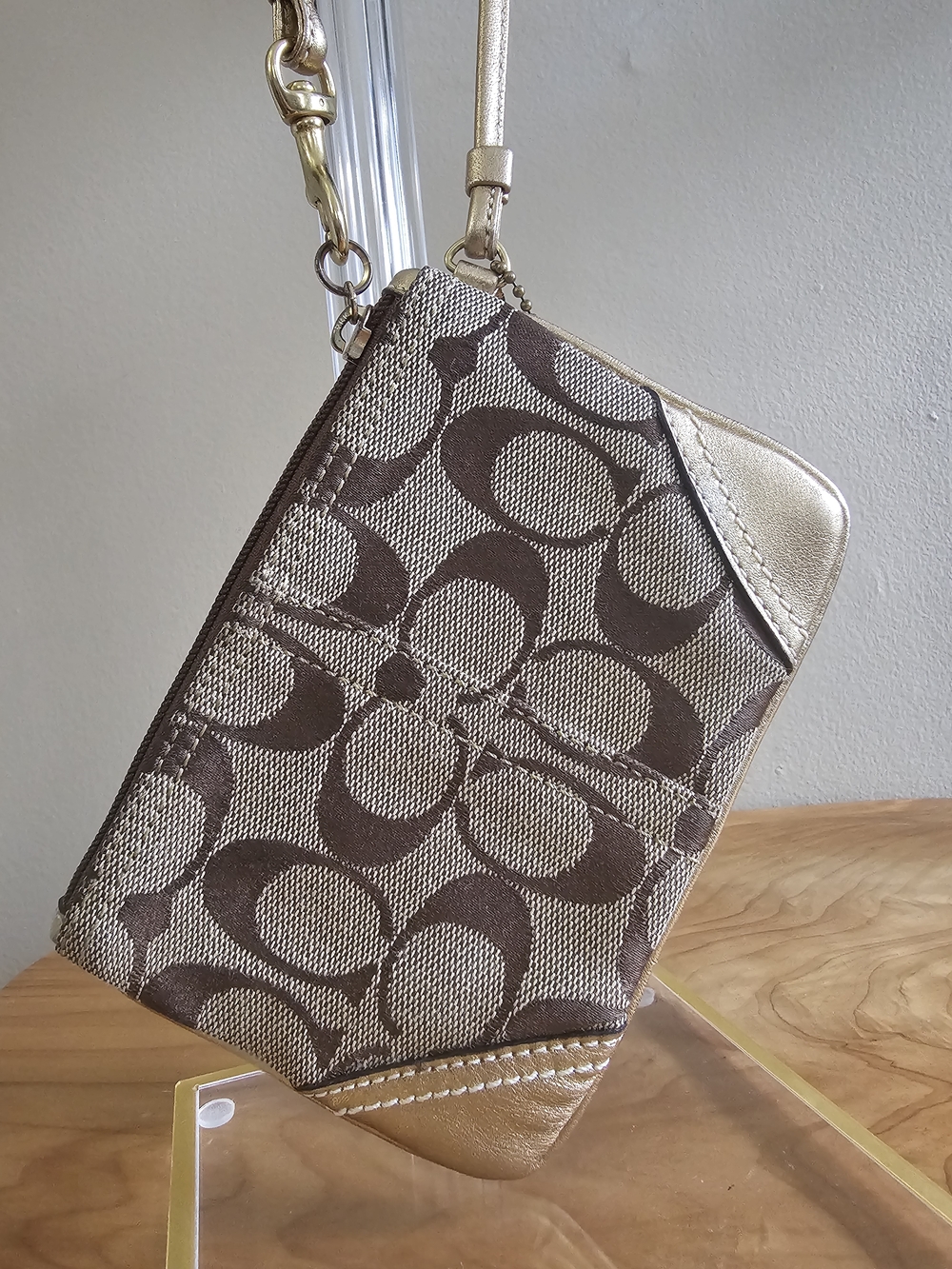 Coach Signature Canvas Wristlet in Brown and Gold - Picture 4 of 7